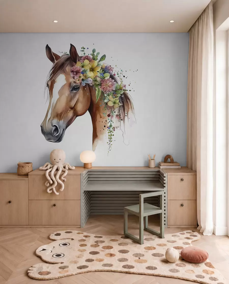 Fotobehang Paard met bloemenkrans u98192