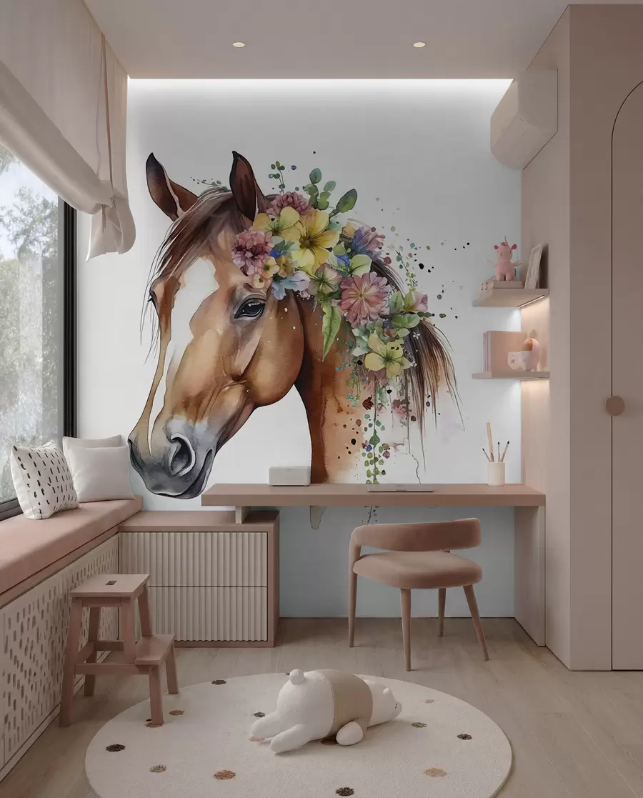 Fotobehang Paard met bloemenkrans u98192