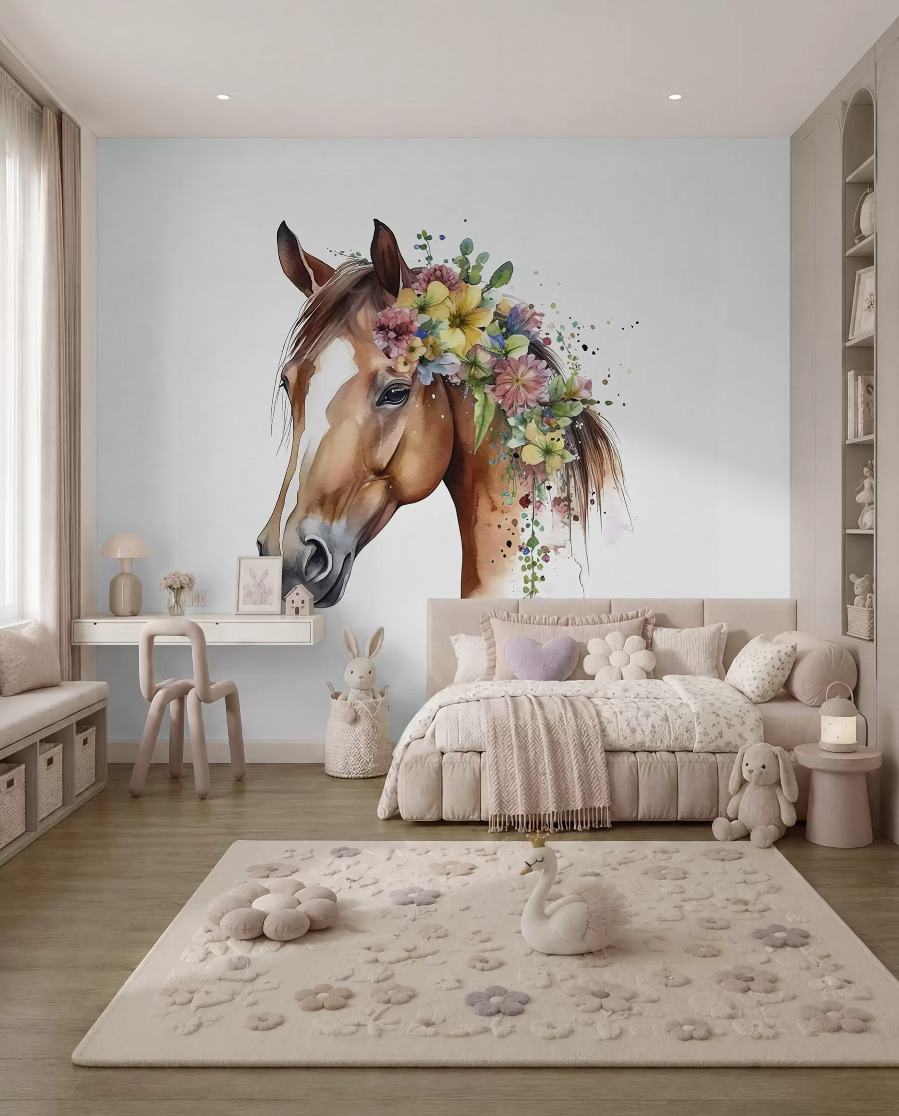 Fotobehang Paard met bloemenkrans u98192