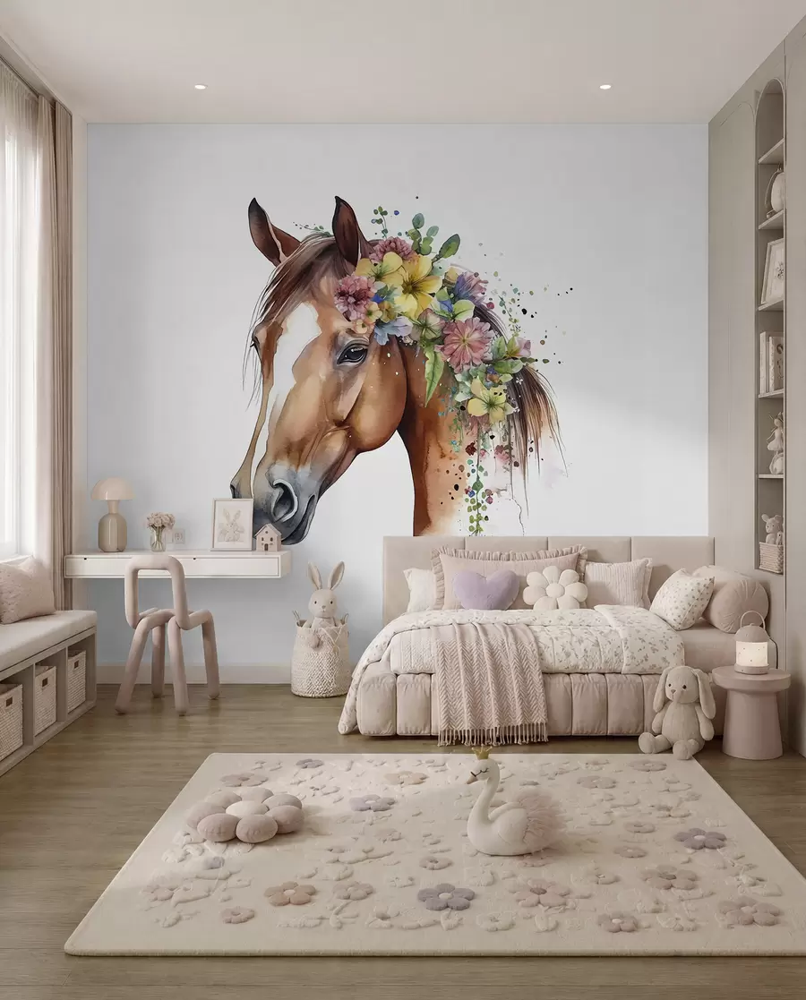 Fotobehang Paard met bloemenkrans u98192