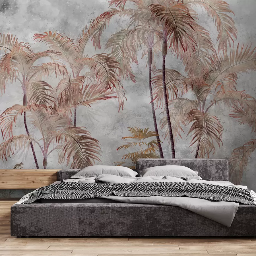 Fotobehang Tropische palmbomen op een betonnen muur u98586
