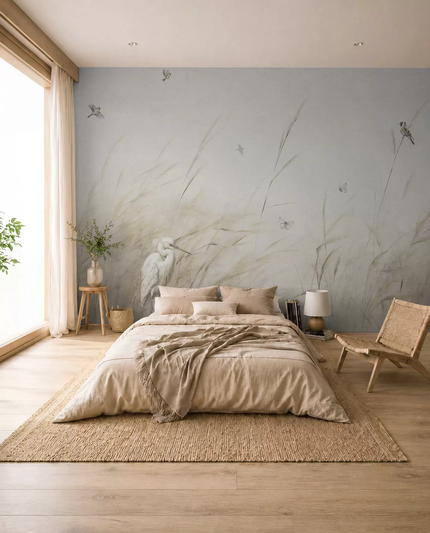 Fotobehang Vogels op het meer tussen gedroogde bloemen, planten en gras u98439