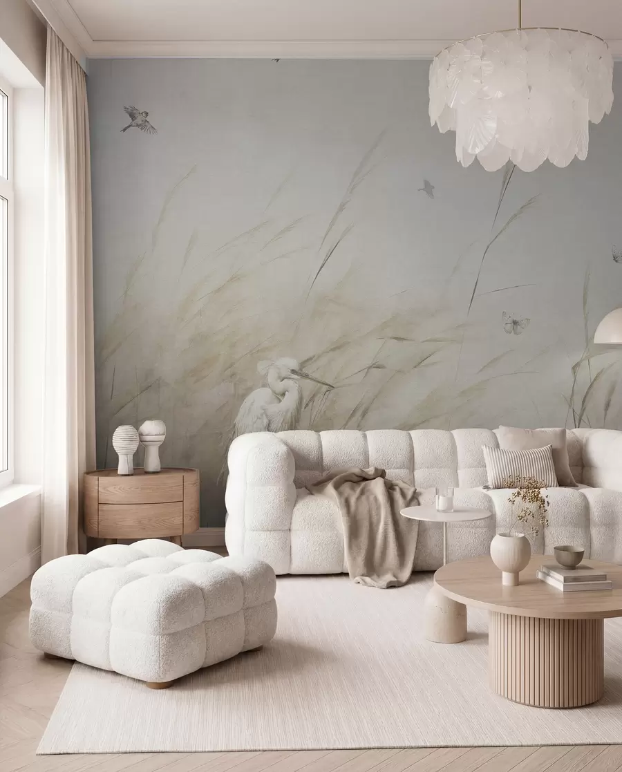 Fotobehang Vogels op het meer tussen gedroogde bloemen, planten en gras u98439