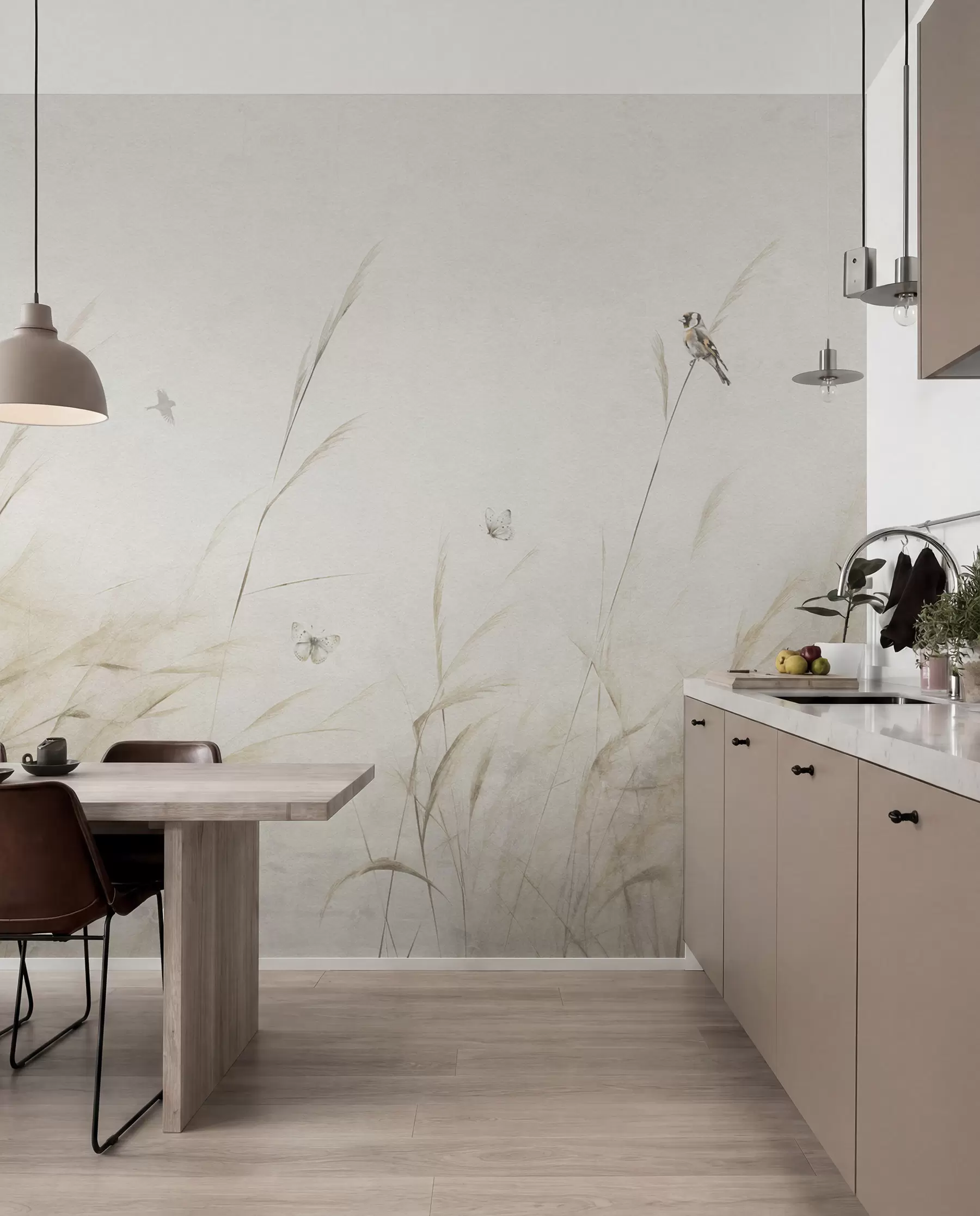 Fotobehang Vogels op het meer tussen gedroogde bloemen, planten en gras u98439