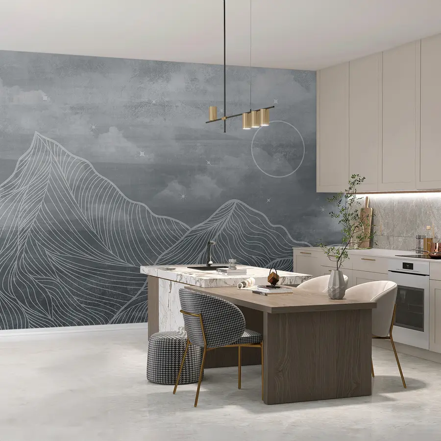 Papier peint photo Texture grunge avec nuages et montagnes, couleur grise, thème de la nature Art u98838v1