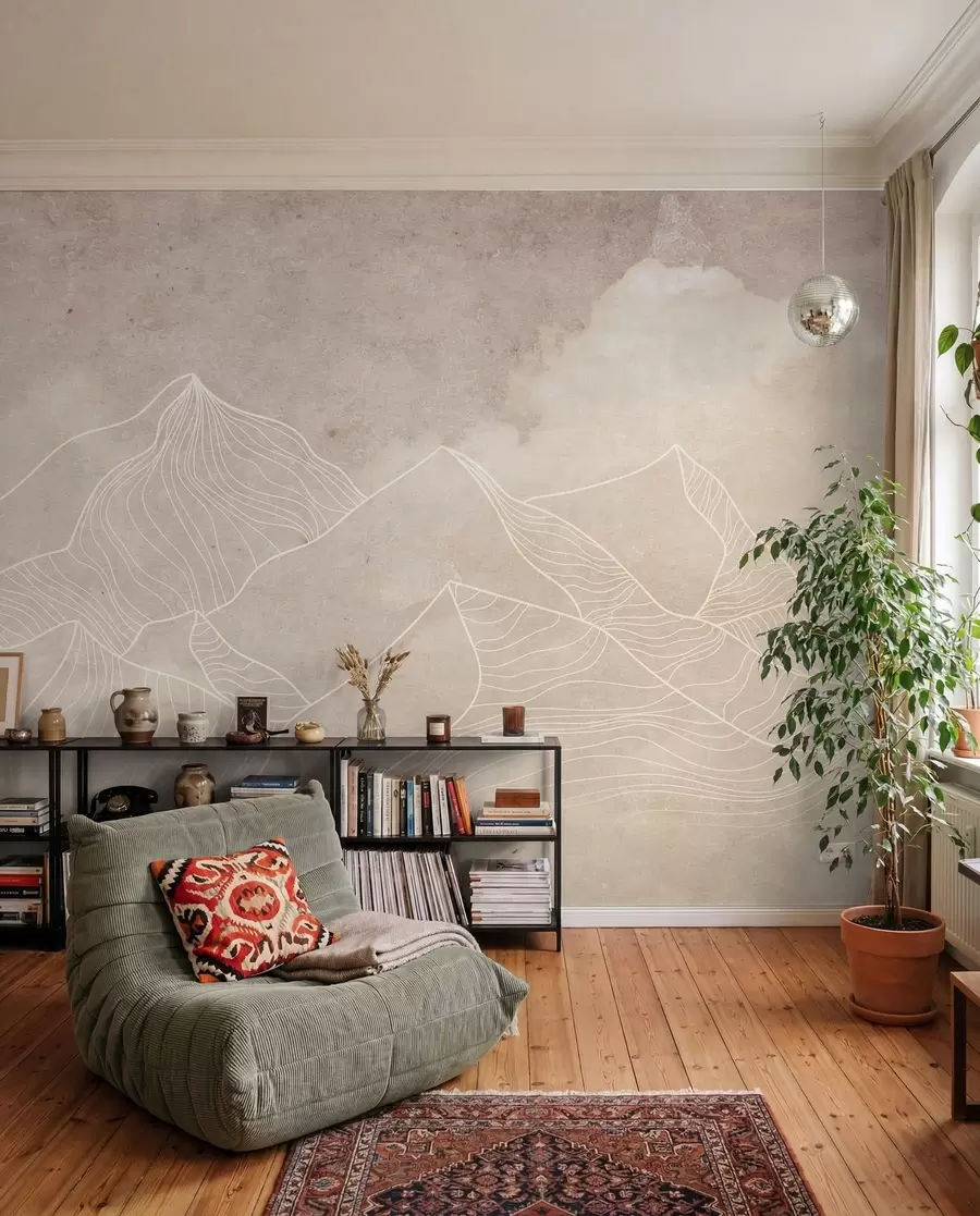 Fotobehang Grunge textuur met abstracte bergen, beige kleur, natuur thema kunst u98839