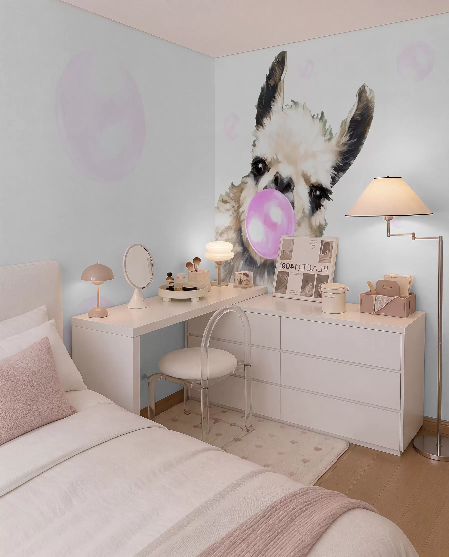 Fotobehang Grappige lama en roze bellen u98952