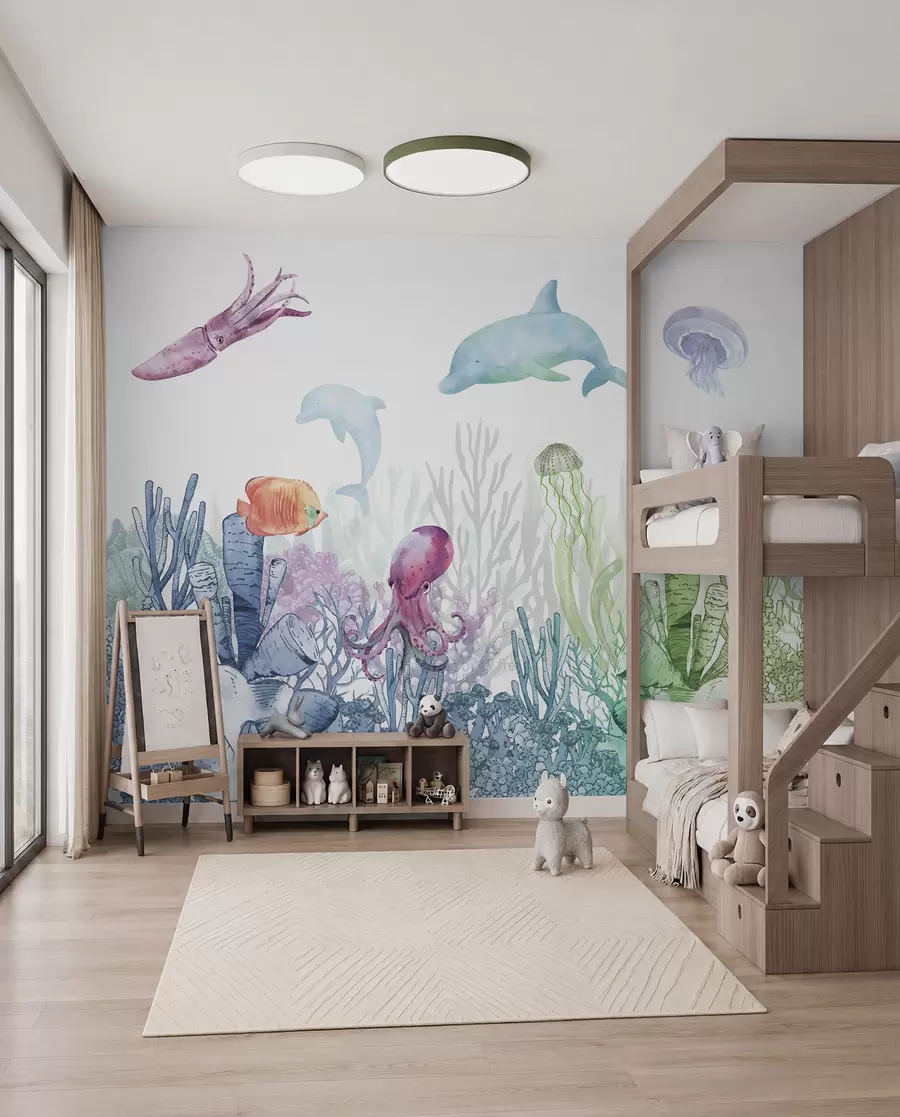 Fotobehang Onderwaterleven, Zeedieren, Aquarel, Koralen, Dolfijn, Octopus u98899