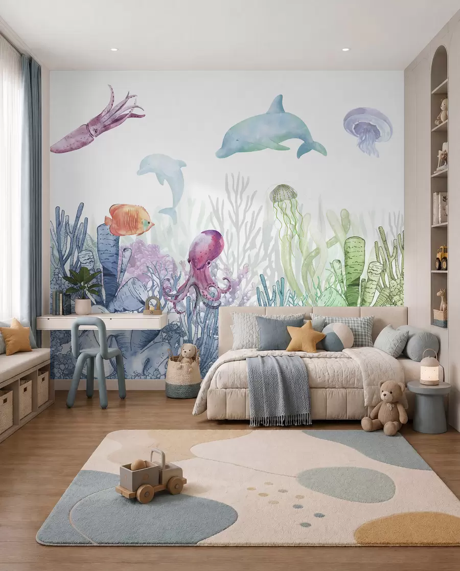 Fotobehang Onderwaterleven, Zeedieren, Aquarel, Koralen, Dolfijn, Octopus u98899