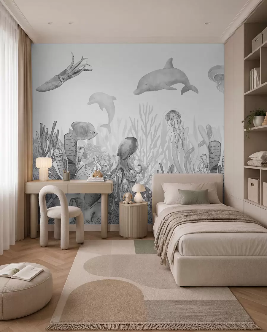 Fotobehang Onderwaterleven, zeedieren, aquarel grijze kleur, koralen, dolfijn, octopus u98899v1