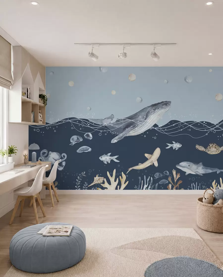 Fotobehang Onderwaterleven, walvis, dolfijn, koraal, zeedieren, oceaanthema, pastelkleuren u98902