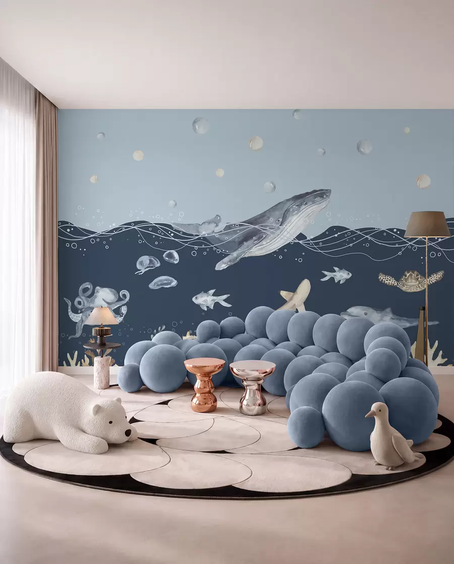 Fotobehang Onderwaterleven, walvis, dolfijn, koraal, zeedieren, oceaanthema, pastelkleuren u98902