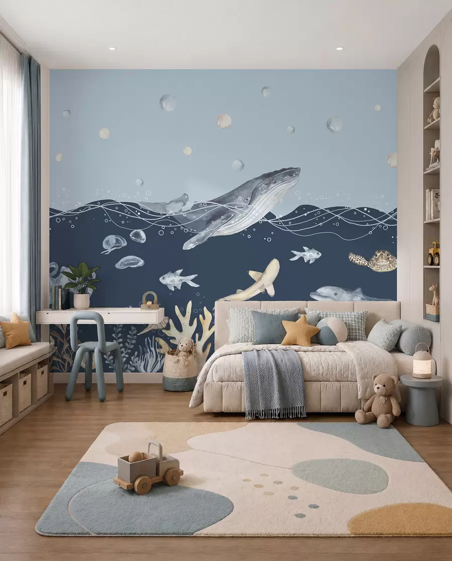 Fotobehang Onderwaterleven, walvis, dolfijn, koraal, zeedieren, oceaanthema, pastelkleuren u98902