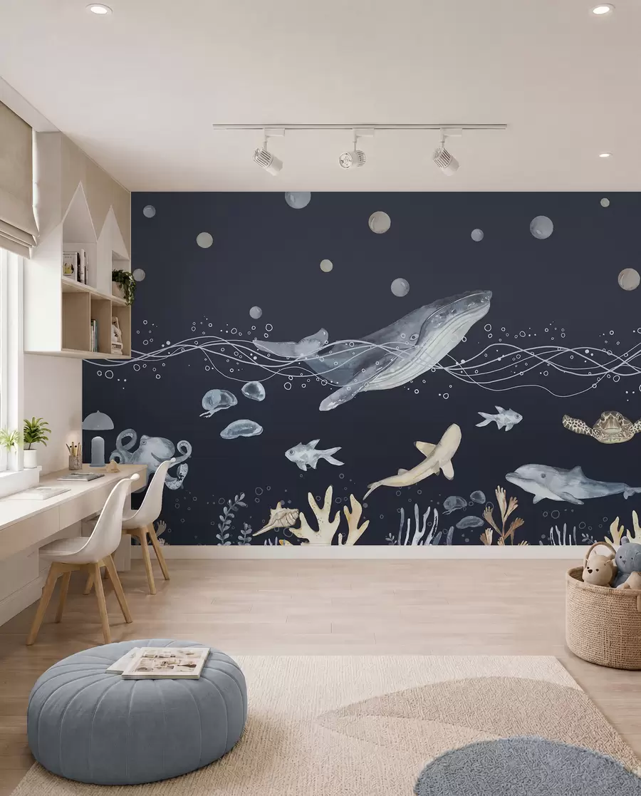 Fotobehang Onderwaterleven, walvis, dolfijn, koraal, zeedieren, beige en blauw u98902v1