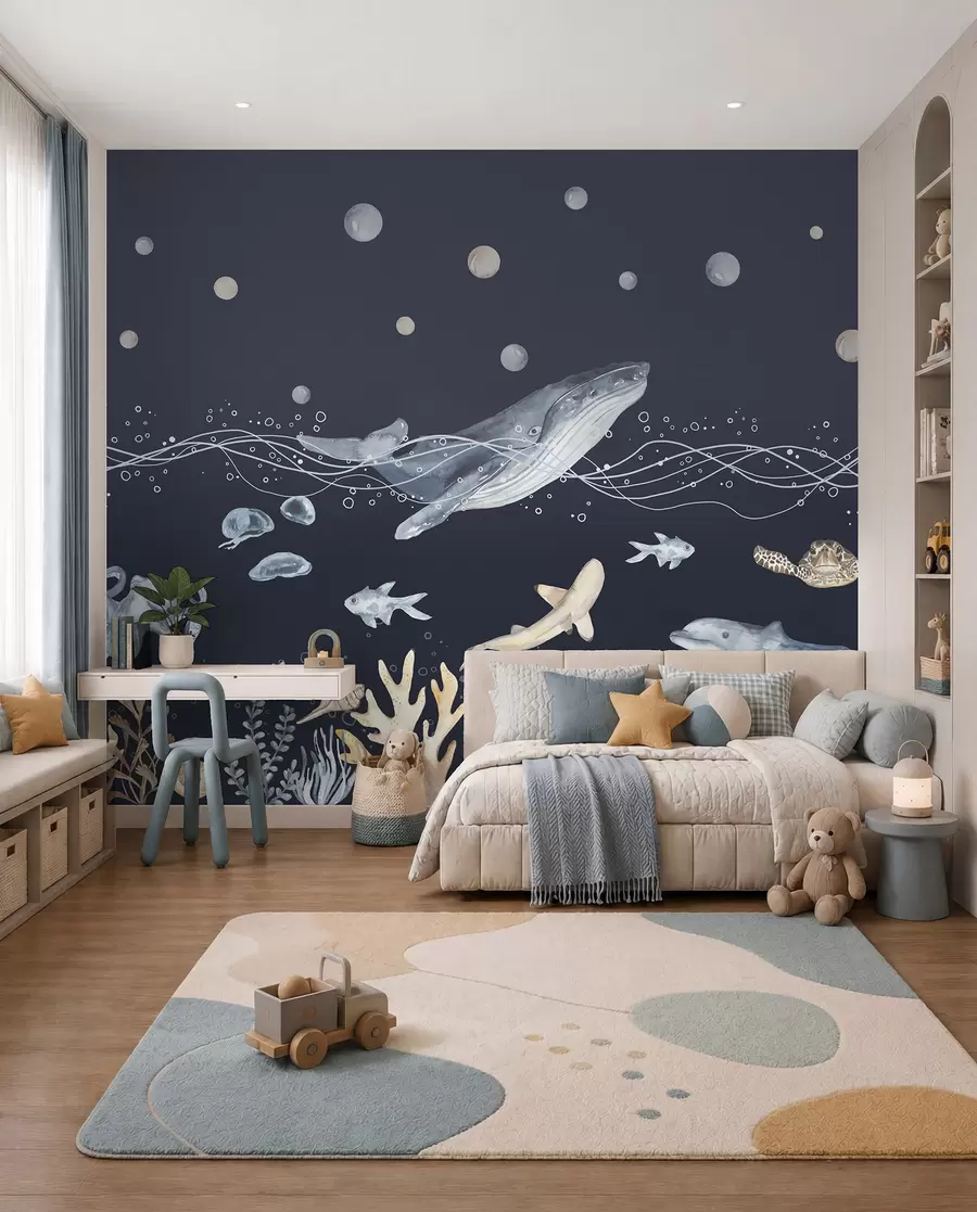 Fotobehang Onderwaterleven, walvis, dolfijn, koraal, zeedieren, beige en blauw u98902v1