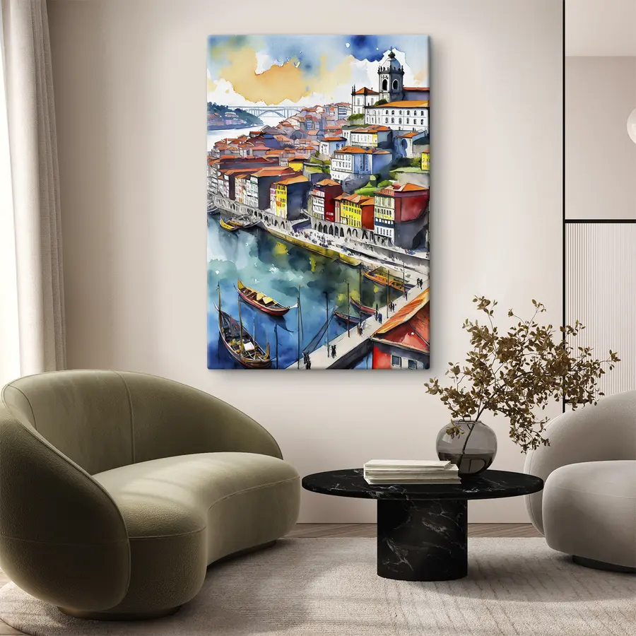  Peintures Charmant paysage urbain au bord de la rivière en couleur s36680