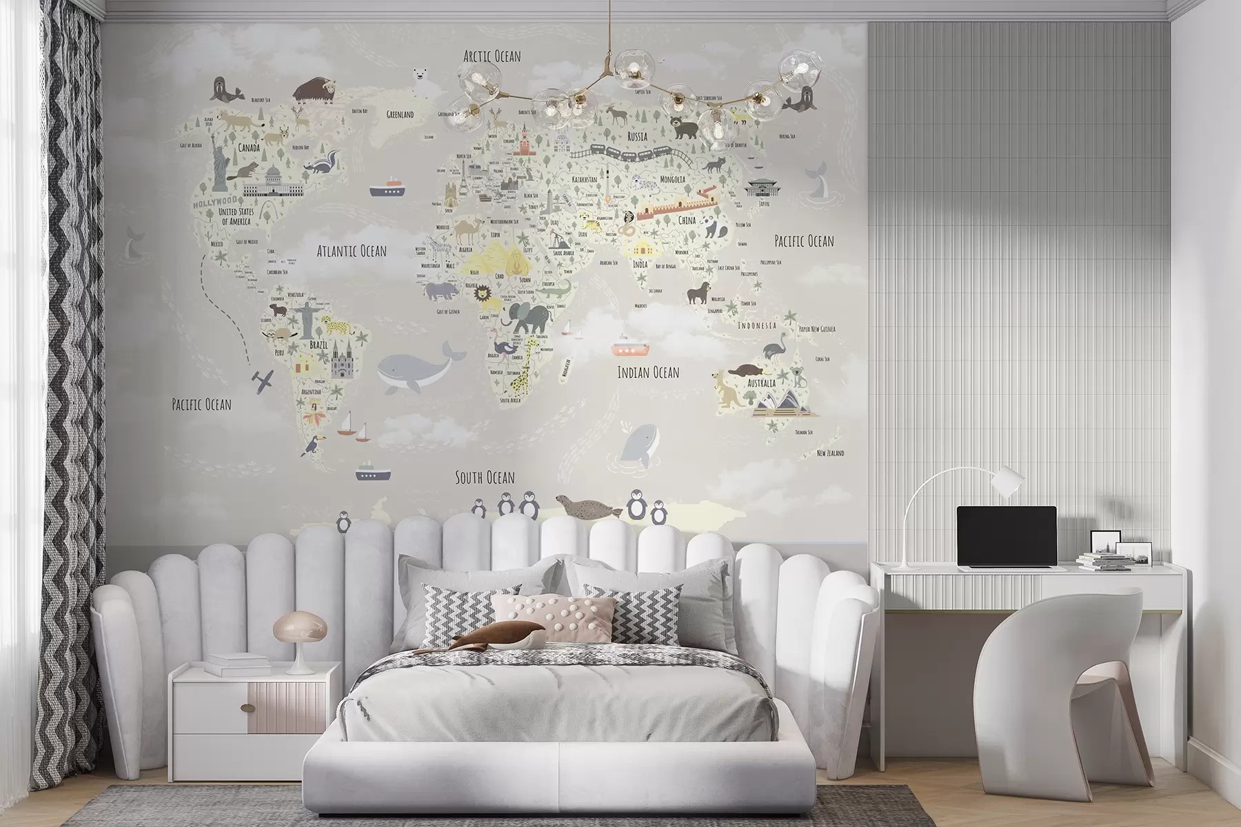 Papier peint photo Carte du monde pour enfants avec animaux et points de repère u96587v1