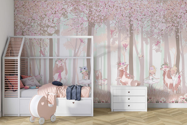 Fotobehang Een bos met prinsessen en eenhoorns, Fotobehang kinderen, Fotobehang kinderbos, u98694 : Uwalls.be