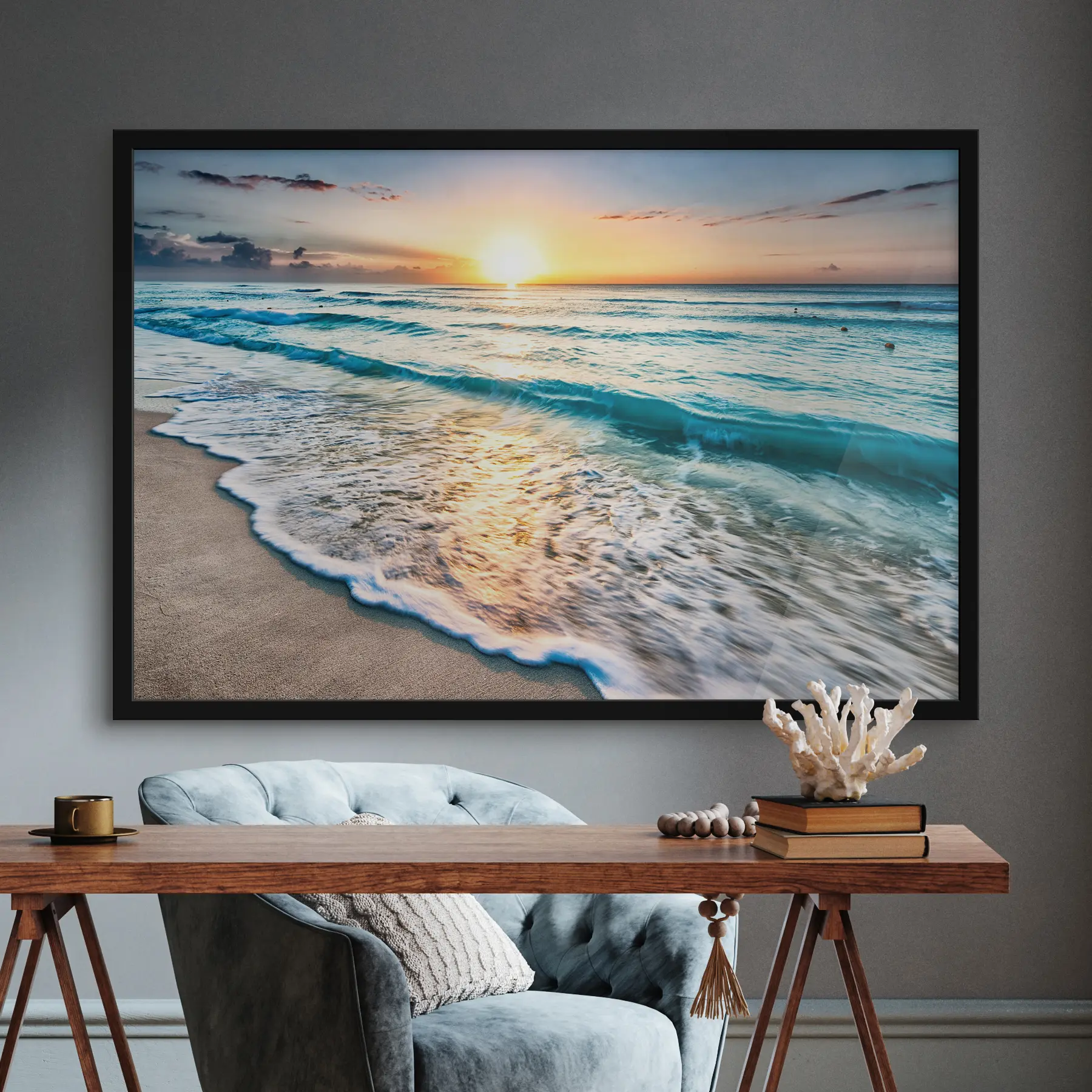 Fotobehang Zonsondergang over rustige oceaangolven f08091