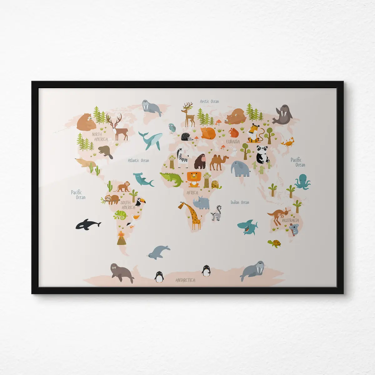 Poster Dierenwereldkaart met schattige illustraties f31807