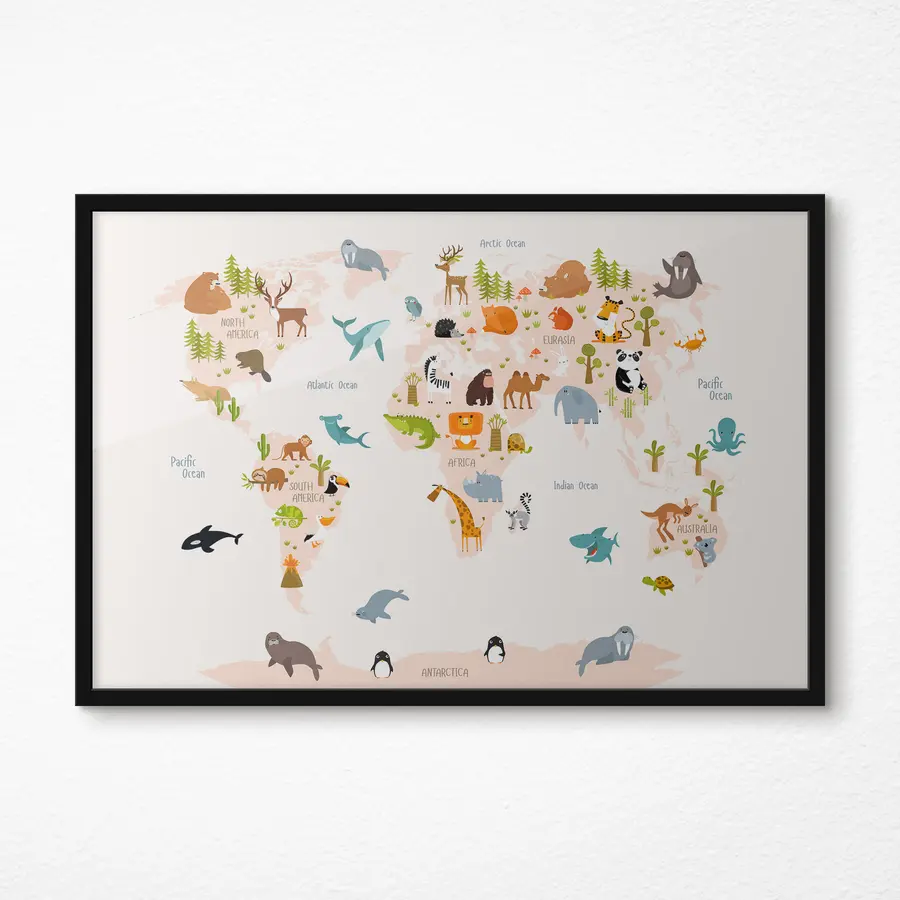 Papier peint photo Carte du monde des animaux avec de jolies illustrations f31807
