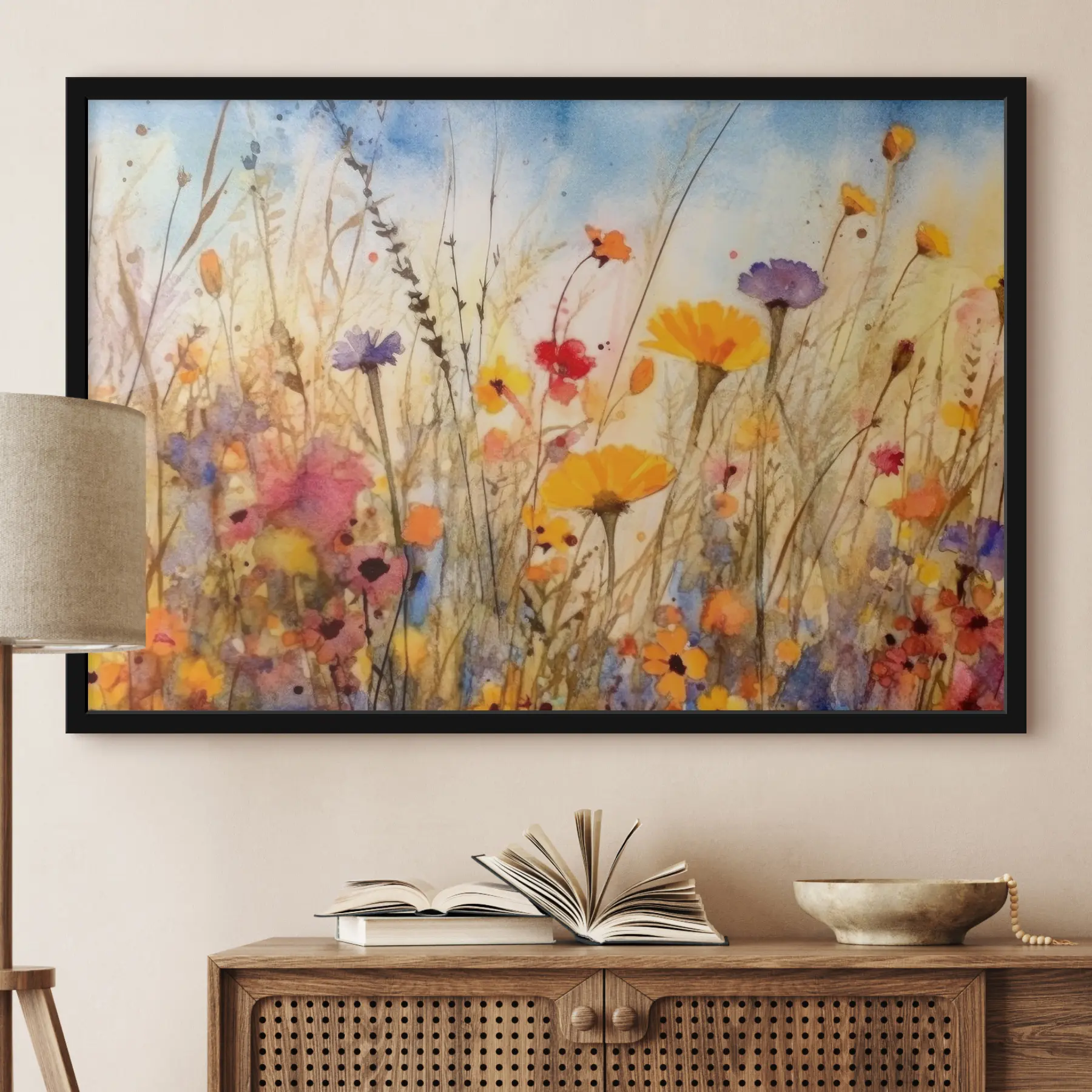 Fotobehang Kleurrijke bloesems in een zonovergoten veld f33634