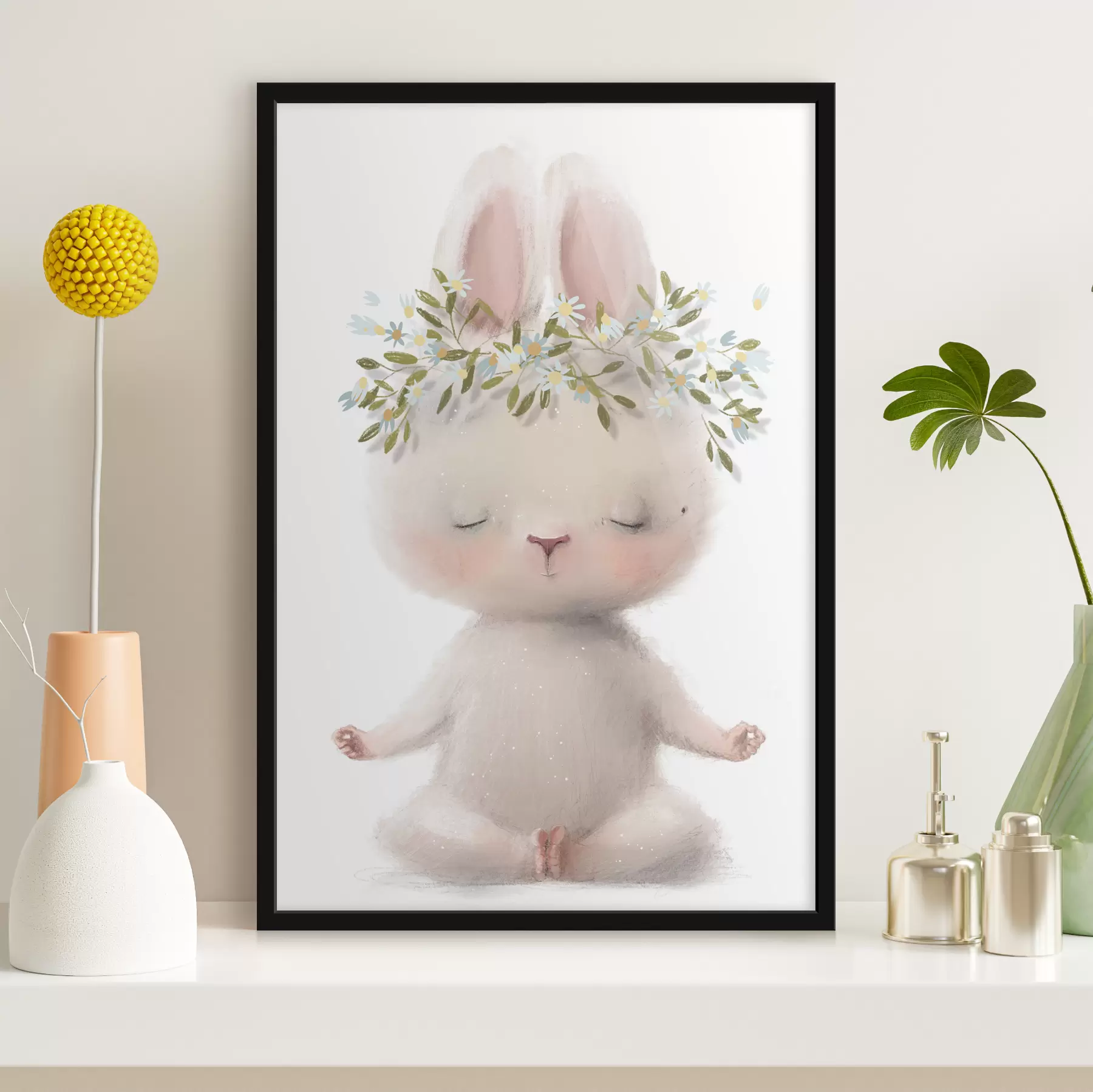 Papier peint photo Lapin méditatif avec couronne florale f35005
