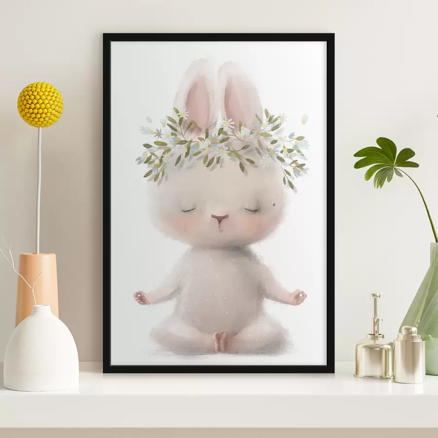 Papier peint photo Lapin méditatif avec couronne florale f35005