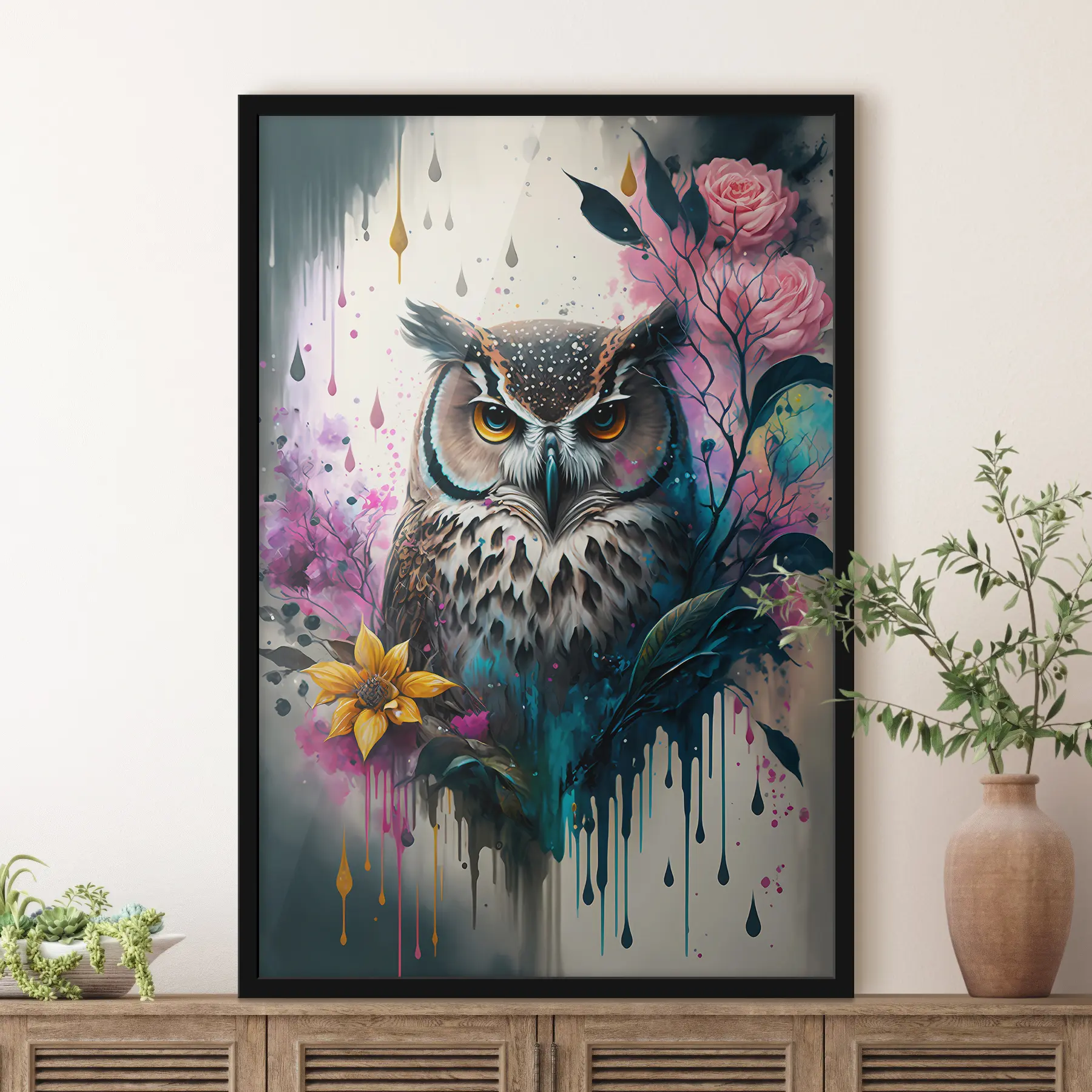  Peintures Chouette entourée de fleurs éclatantes f35348