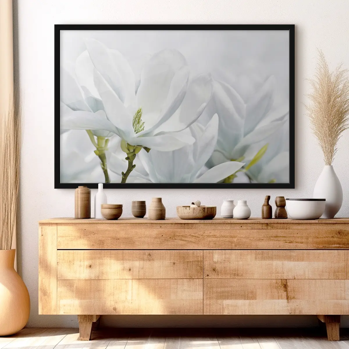 Poster Delicate witte bloemblaadjes in zacht licht f35784