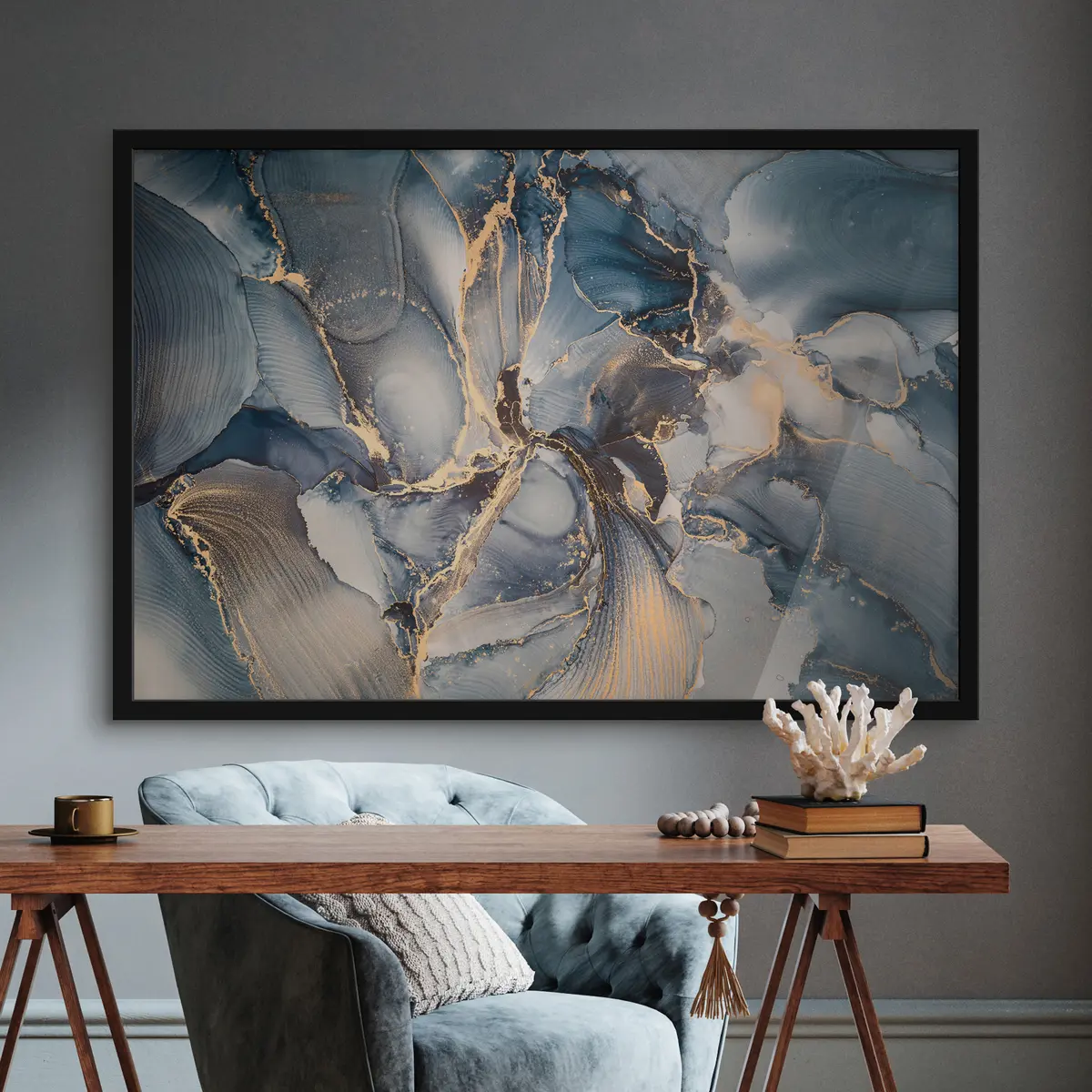 Poster Elegante wervelingen van blauw en beige f36042