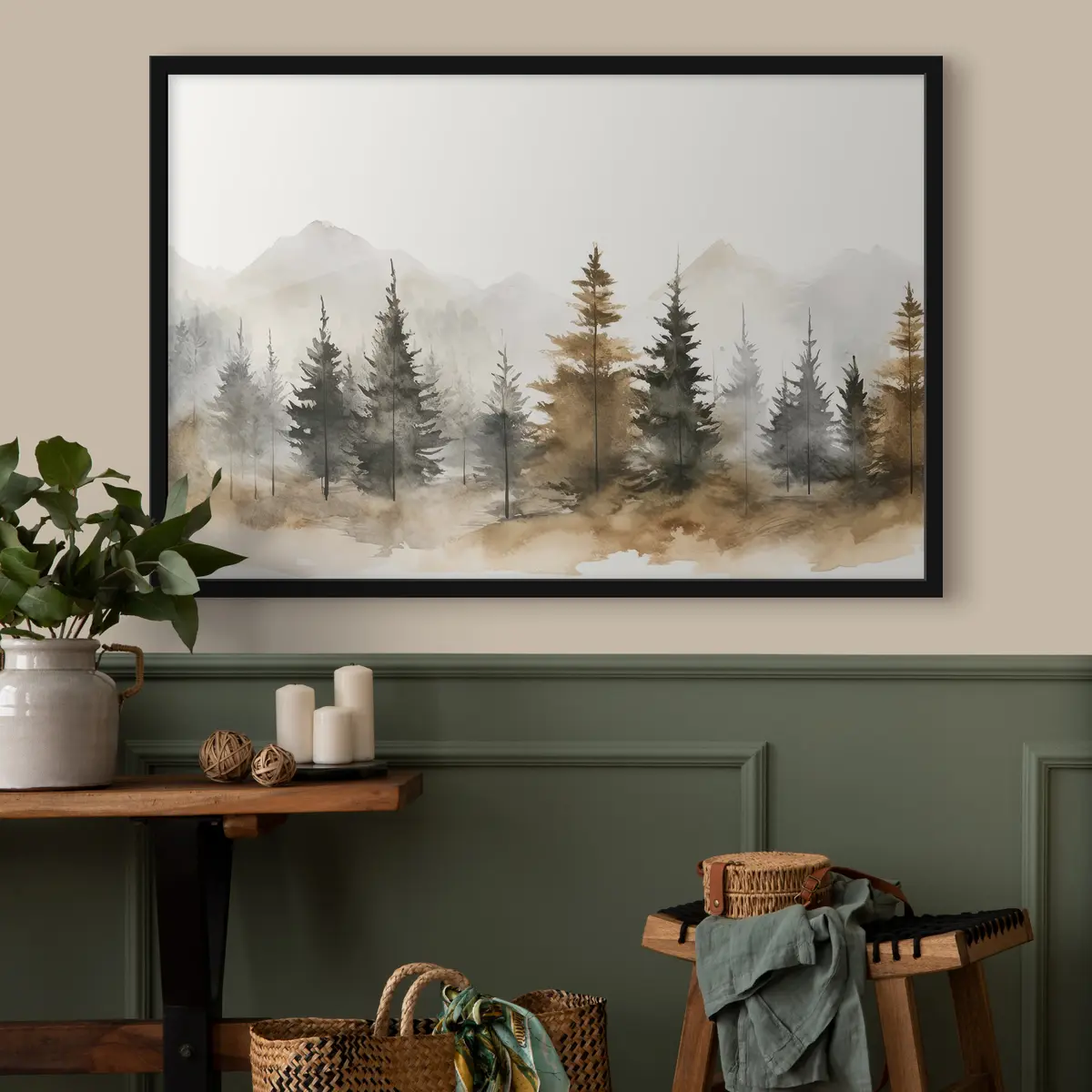 Poster Rustig boslandschap in zachte tinten f36010