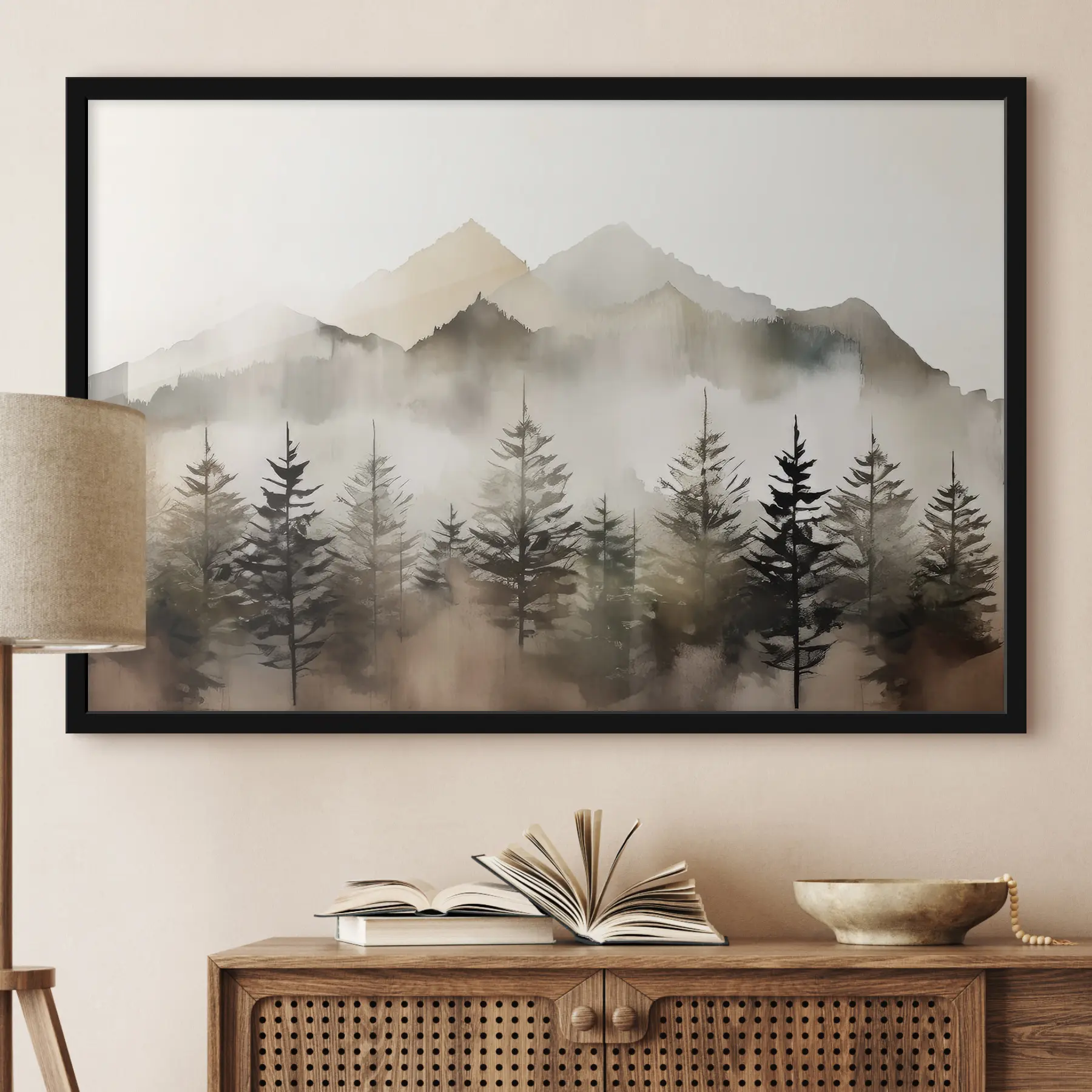 Papier peint photo Montagnes brumeuses avec des arbres sereins f36009