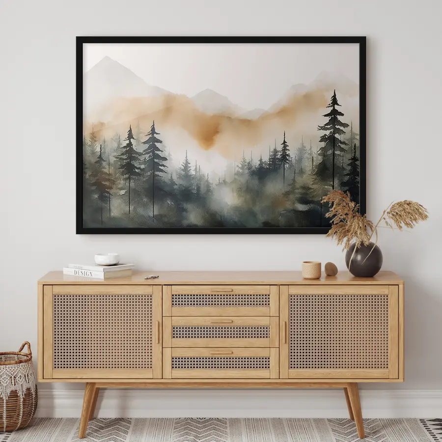 Fotobehang Nevelig bergbos bij zonsopgang f36008