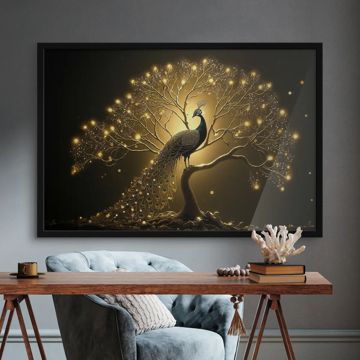 Affiche Un magnifique paon sur fond sombre f34876