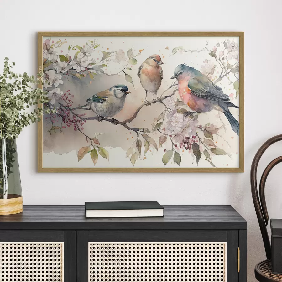 Papier peint photo Des oiseaux colorés perchés parmi les fleurs f34490