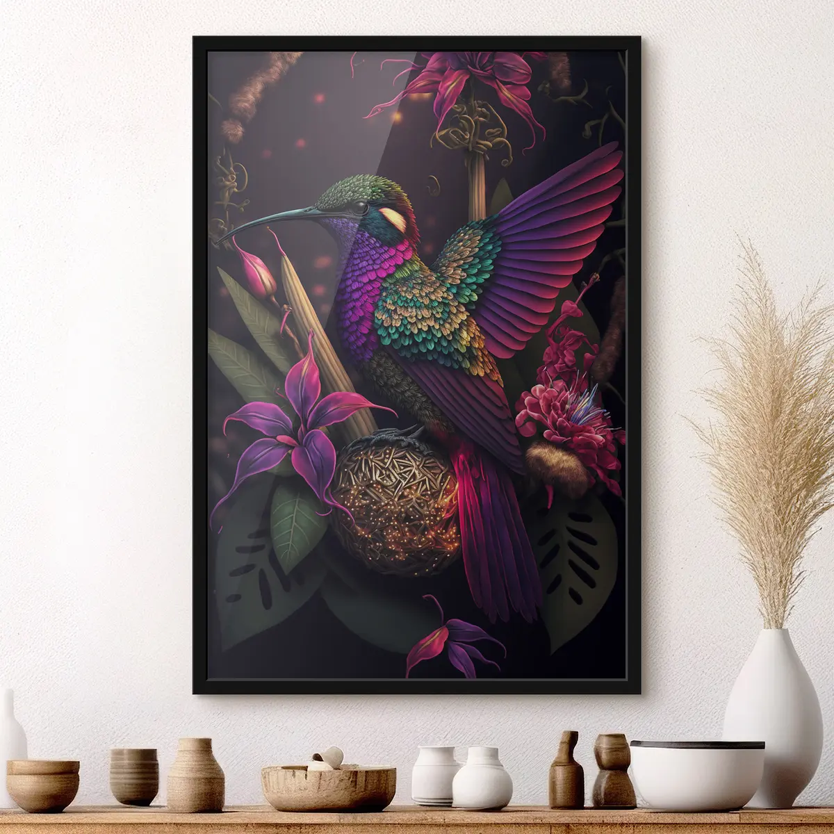 Affiche Colibri vibrant au milieu des fleurs épanouies f33703