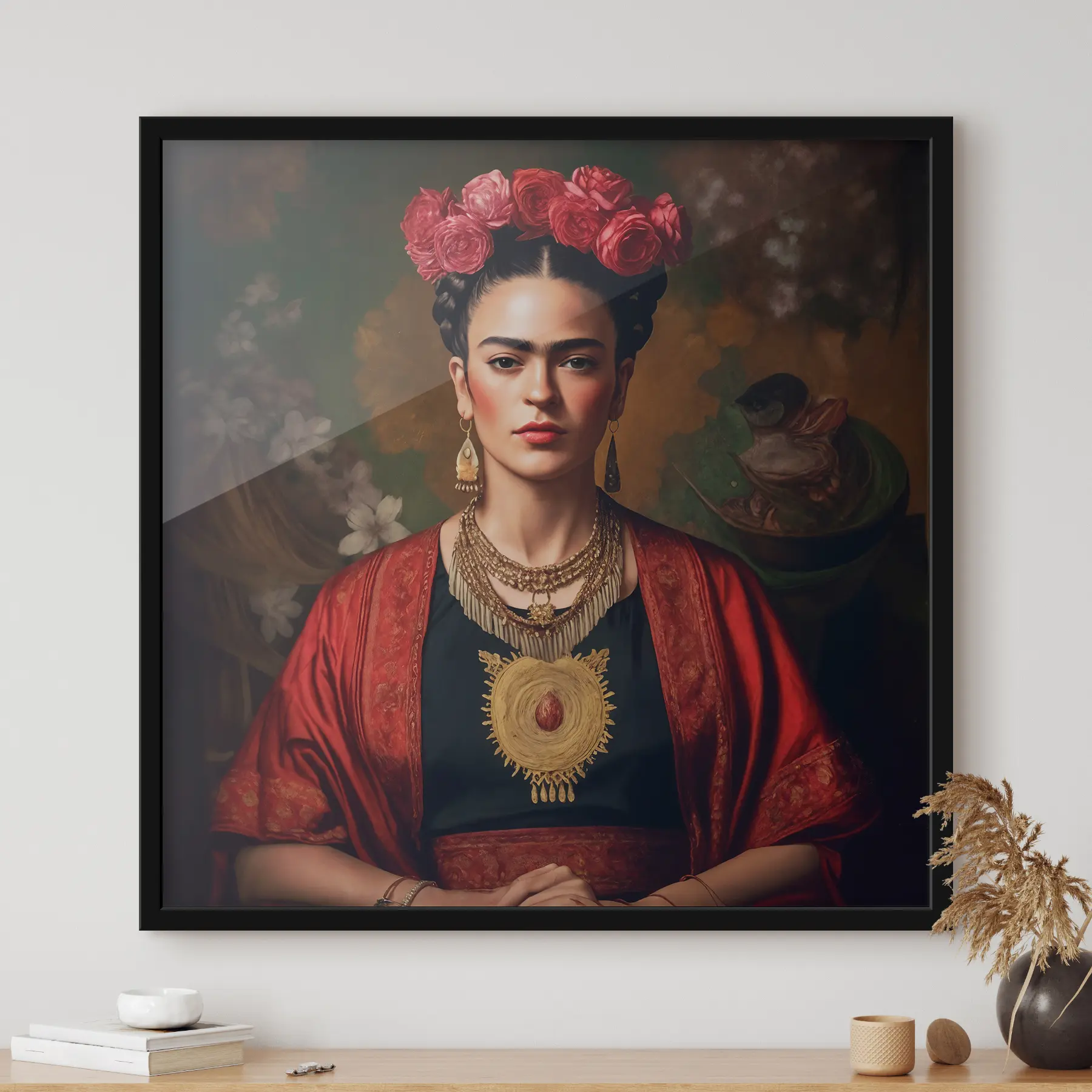 Fotobehang Frida Kahlo in een rode jurk f32865