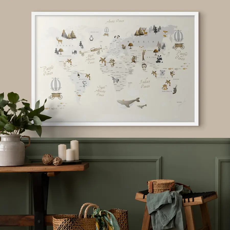 Fotobehang Grillige wereldkaart met dieren f31798