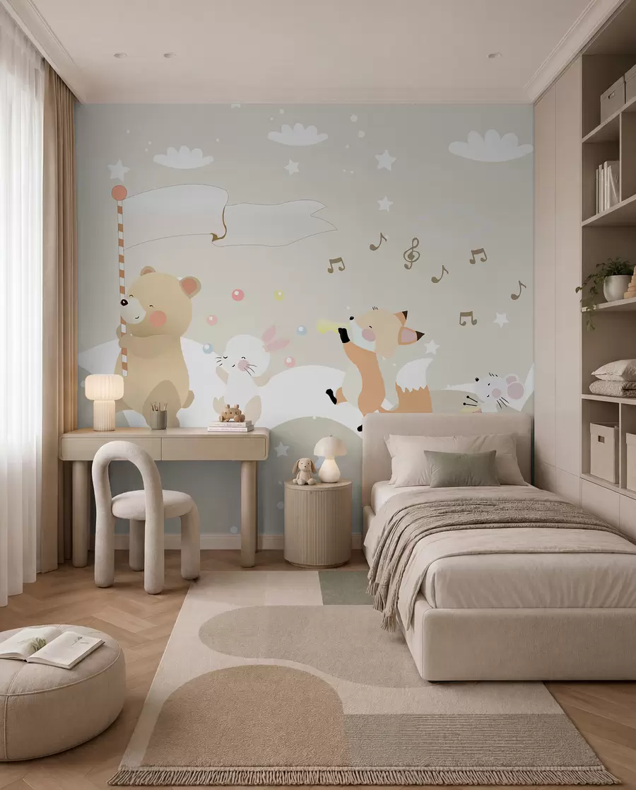 Fotobehang Behangontwerp voor kinderkamer met schattige dieren in roze kleuren u98969