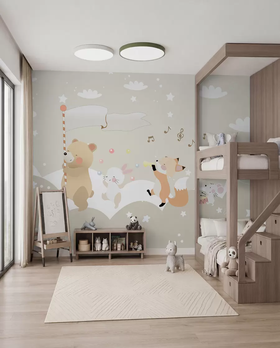 Fotobehang Behangontwerp voor kinderkamer met schattige dieren in roze kleuren u98969