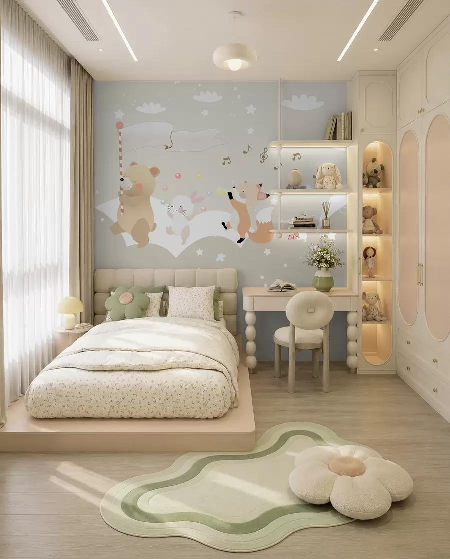 Fotobehang Behangontwerp voor kinderkamer met schattige dieren in roze kleuren u98969