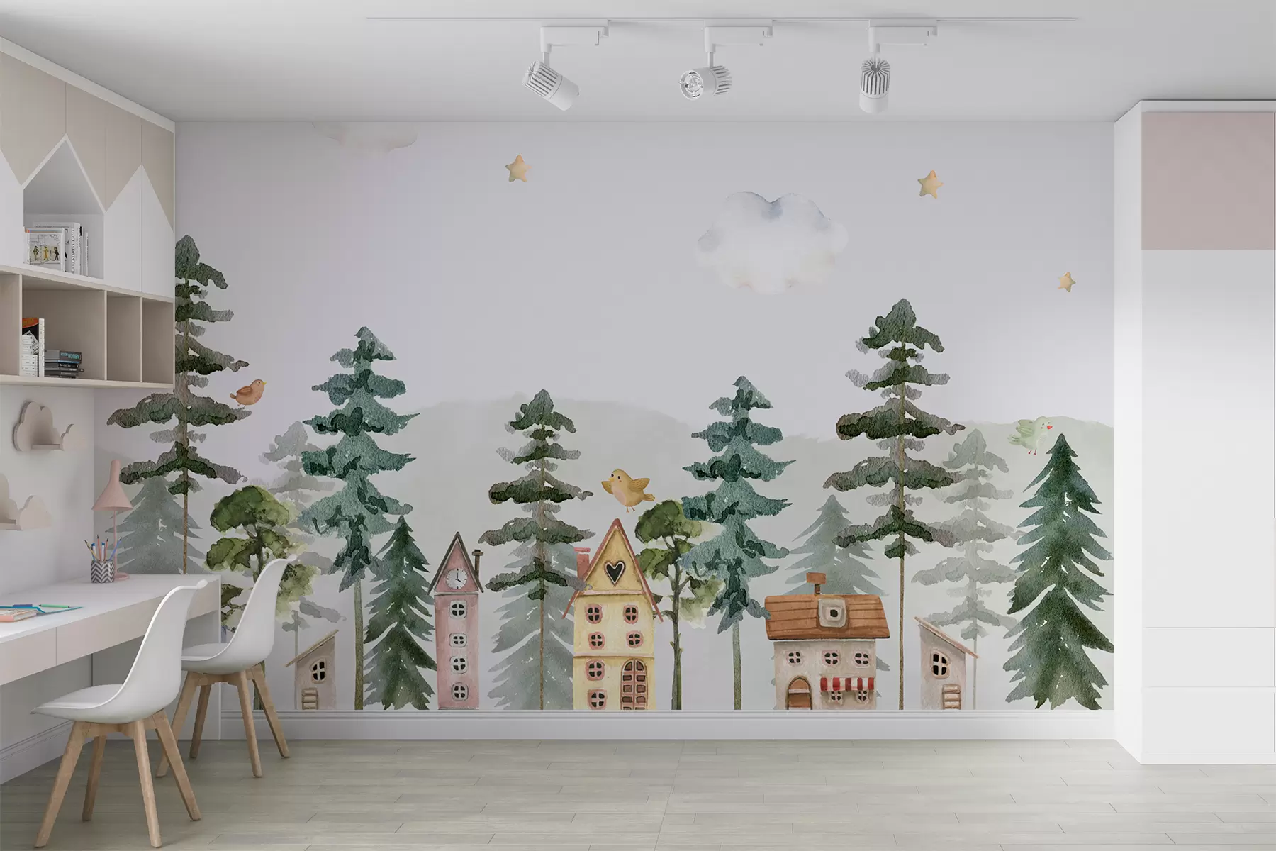 Papier peint photo Forêt de pins avec des oiseaux et de jolies maisons, couleurs vertes et beiges u98989