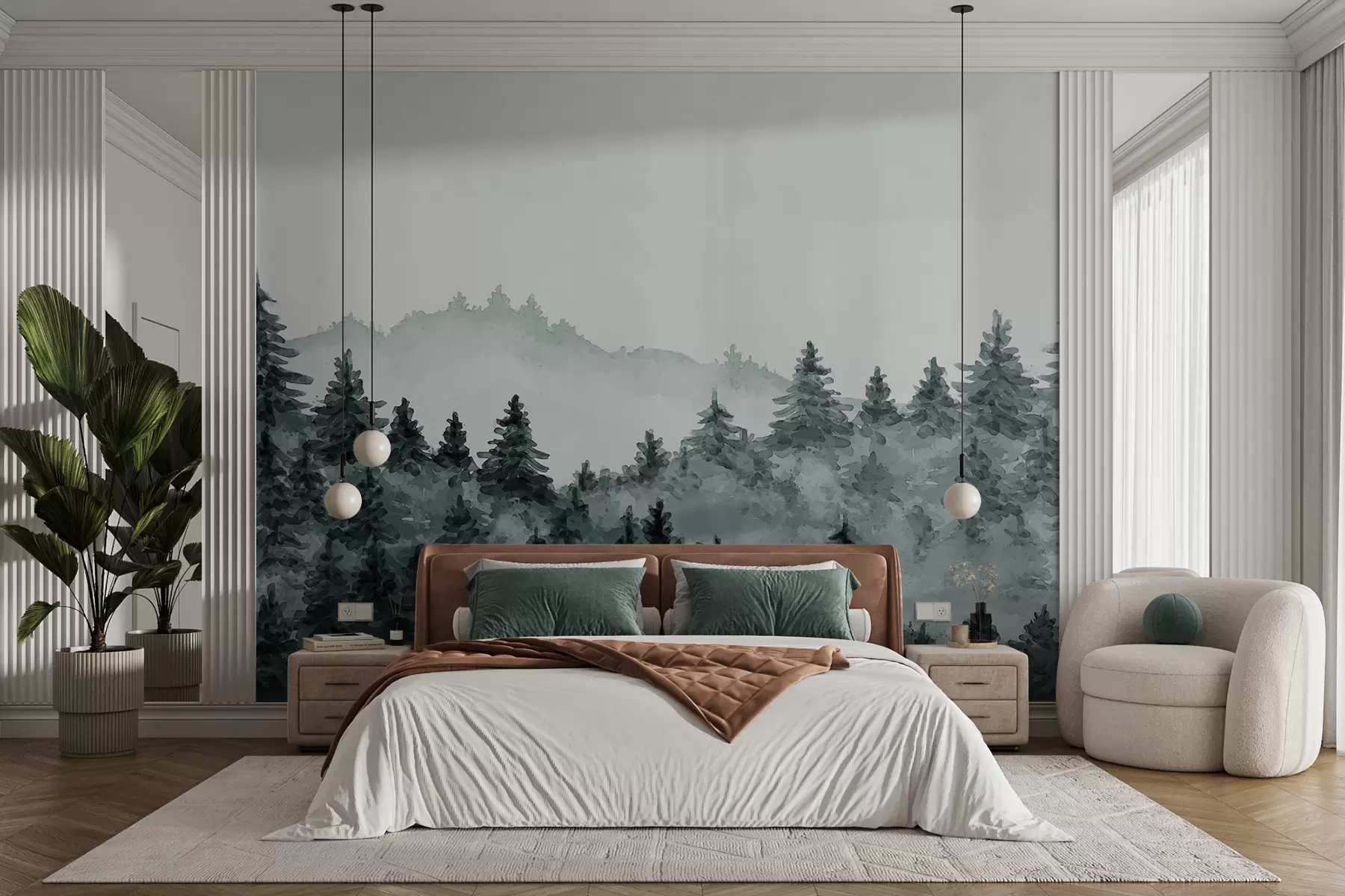 Papier peint photo Aquarelle paysage forestier, brouillard, couleur verte, pins u98994