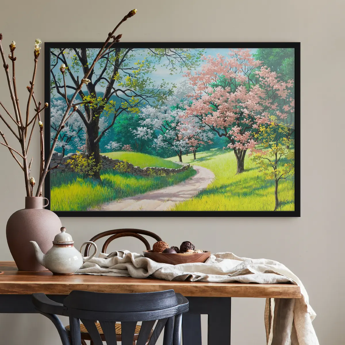 Poster Bloeiende bomen langs een kronkelend pad f15350