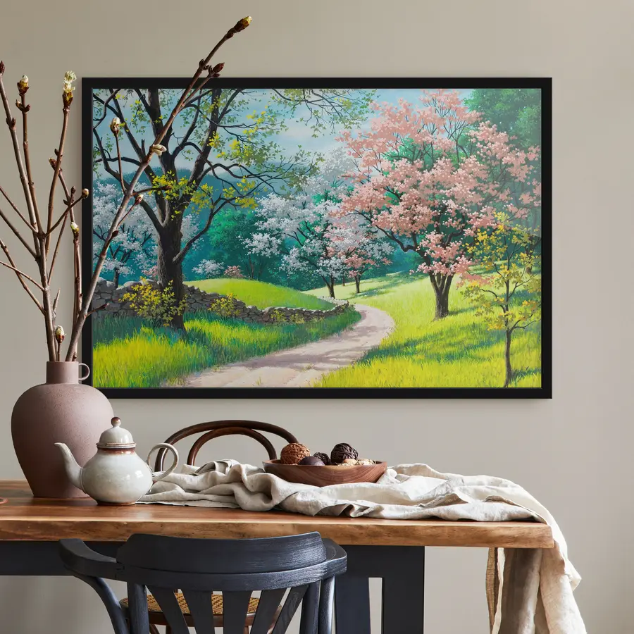 Fotobehang Bloeiende bomen langs een kronkelend pad f15350