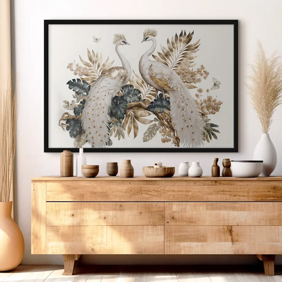 Fotobehang Elegante pauwen te midden van weelderig gebladerte f33942