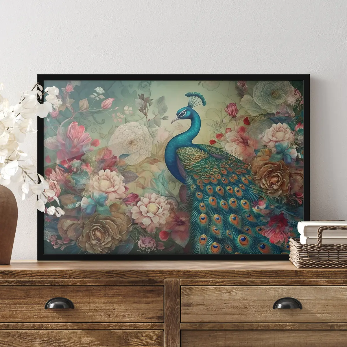 Affiche Paon brillant au milieu des fleurs épanouies f34869