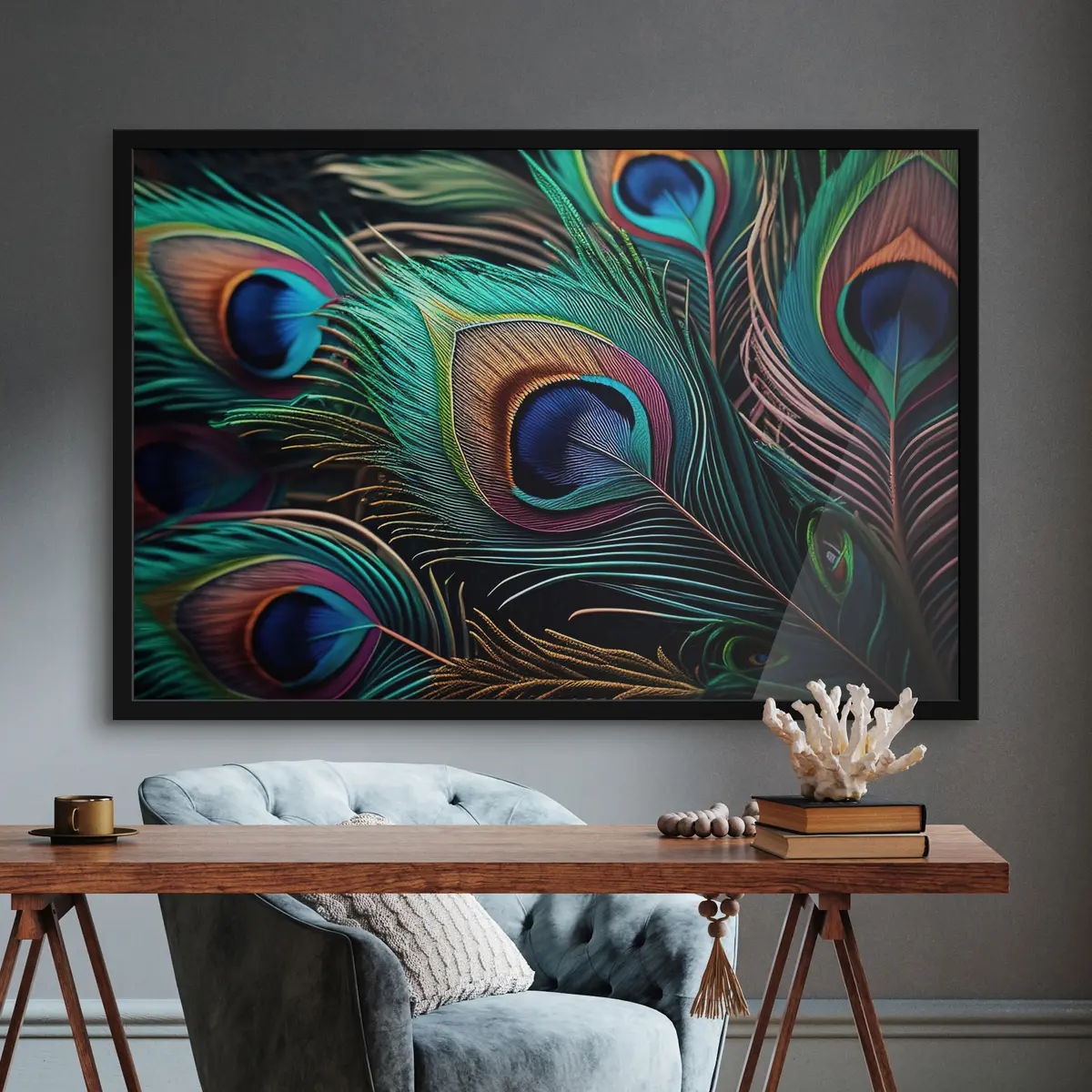 Affiche Plumes de paon aux couleurs vives en harmonie f34871