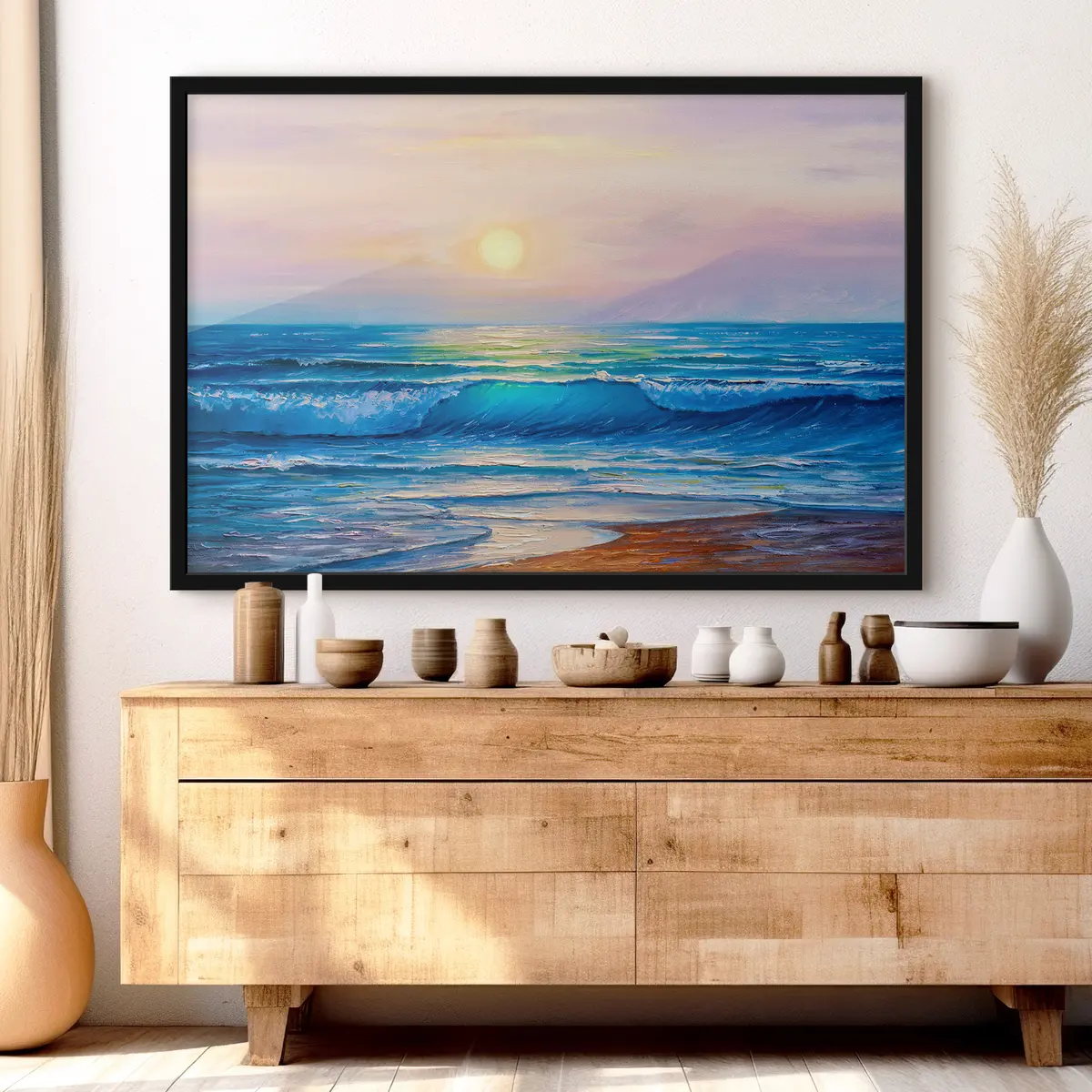 Affiche Vagues tranquilles reflétant les teintes du coucher de soleil f35378